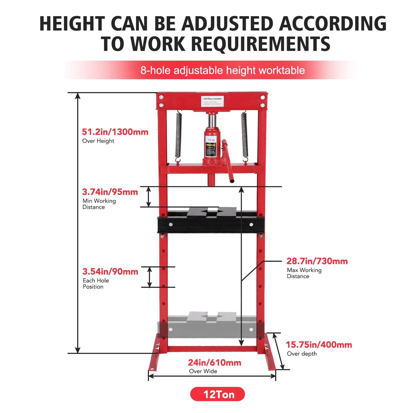 12 T Hydraulic Shop Press, H-Frame, 8-Hold Adjustable Height, with Movable Plates and Dust Cover, for Garage or Professional Users, Red