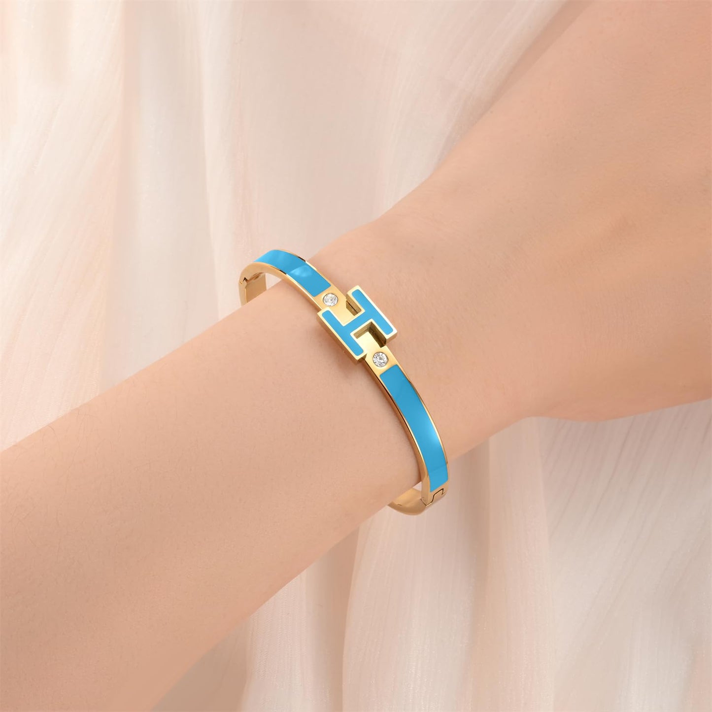 Hothink Gold Bracelets for Women, H Bangle Bracelet, Dainty 18K Gold Plated Stainless Steel Enamel Bracelet for Everyday, Work, Party, Stackable Gift for Mom, Wife, Girlfriend