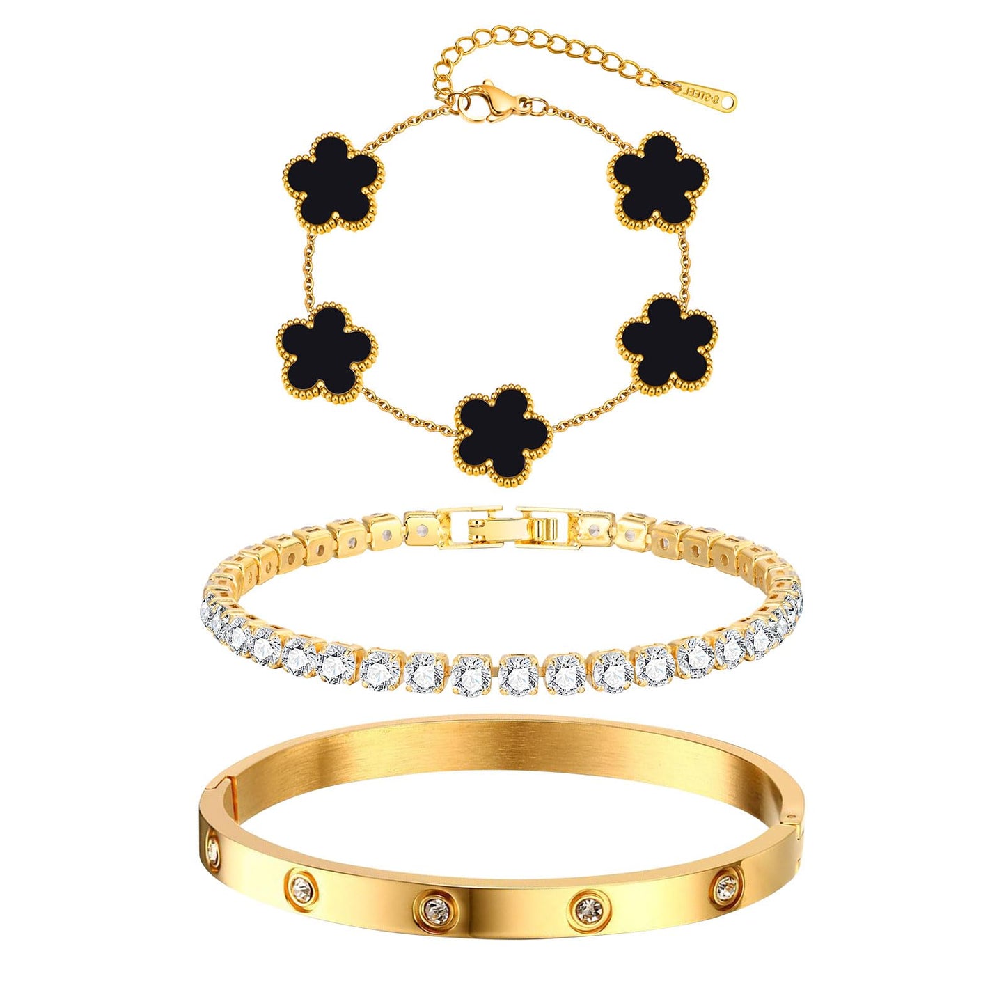 MPRAINBOW Womens Stackable Floral Bracelets, 3Pcs 18K Gold Plated Bracelet,Stainless Steel Bangle Chain Non Tarnish, Bracelet Set Trendy Jewelry,Christmas Valentines Birthday Gift for Girlfriend