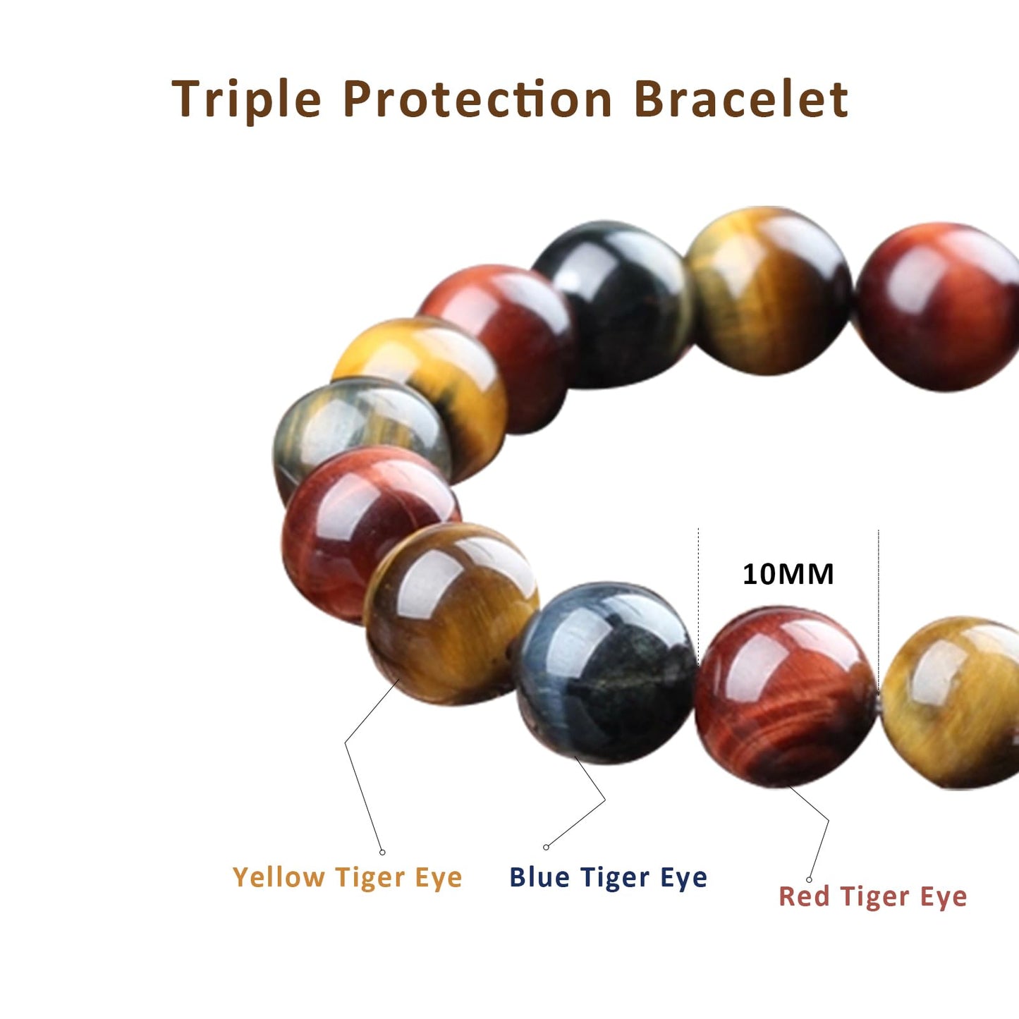 Tiger Eye Bracelets for Women Men, Triple Protection Chakra Beaded Bracelet, Relax Anxiety Healing Crystal Jewelry for Balance, Natural Gemstones Bracelets Gifts for Women Birthday (10MM)
