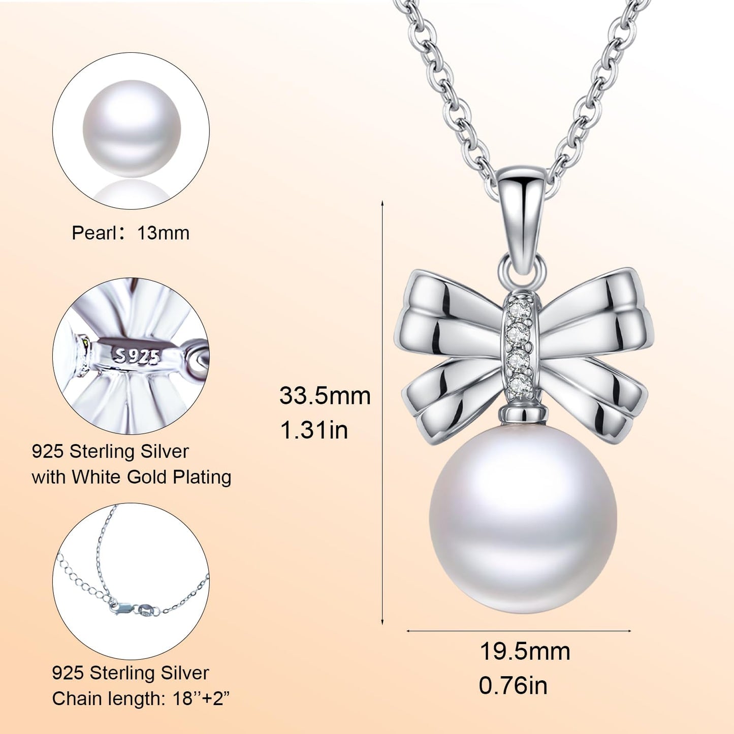 13 mm Bow Pearl Necklace 925 Sterling Silver Jewelry 5A Cubic Zirconia Pendant Necklace Gifts for Mom Women Girlfriend Grandma Lover Her Wedding Birthday Anniversary Engagement Valentine's Day