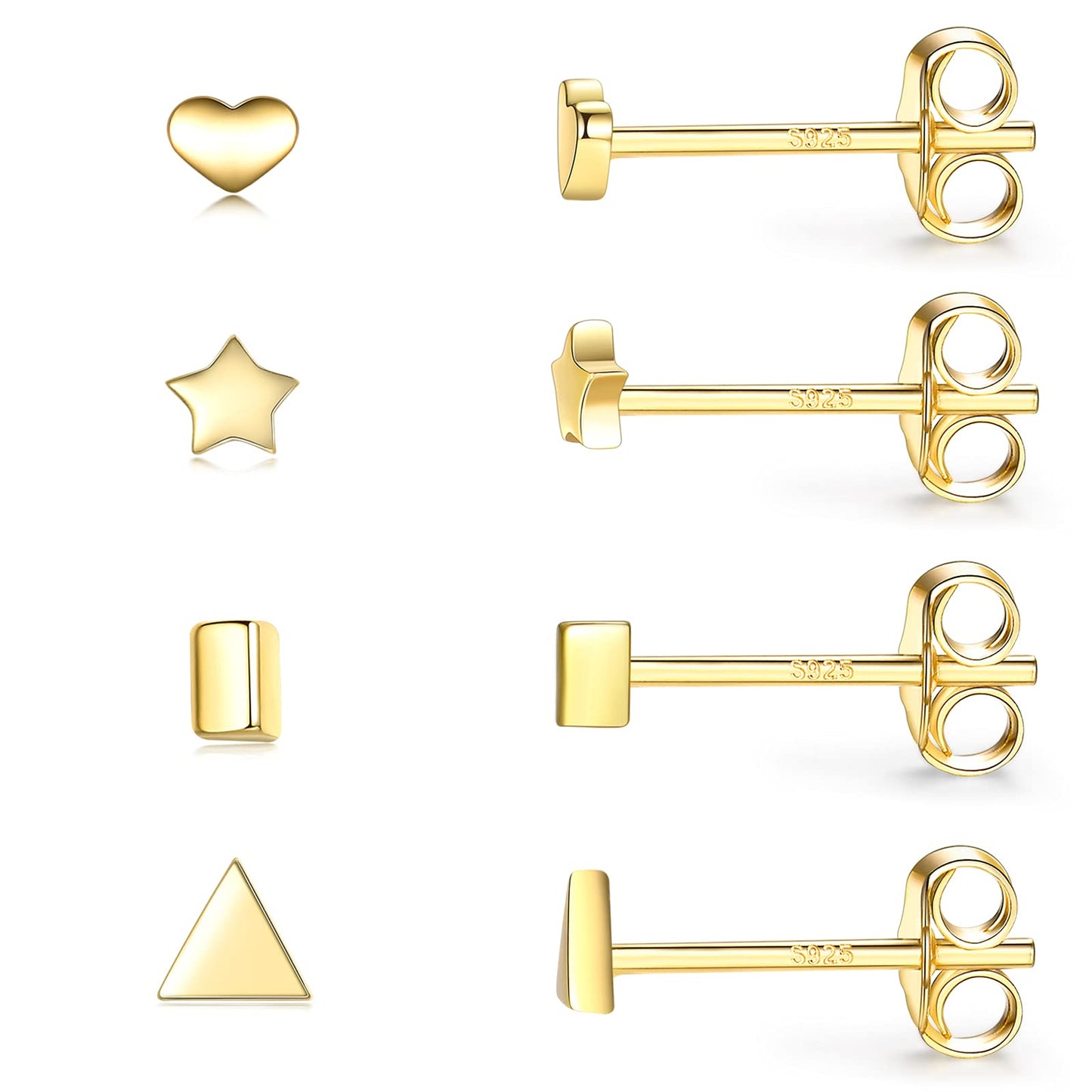 Sterling Silver Stud Earrings for Women Men- 4 Pairs of Hypoallergenic Simple Geometric Small Stud Earring Set Tiny Triangle Square Heart Star Stud Earrings Mini Cartilage Tragus Earrings, Gold