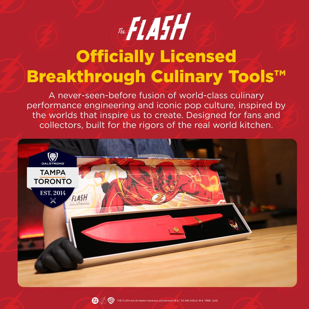 Dalstrong Chef Knife - 8 inch - The FLASH™ Edition - German X50CRMOV15 Stainless Steel - Gold Titanium Nitride - G10 Handle - Full Tang - Premium Leather Sheath - Collection Edition w/Pin