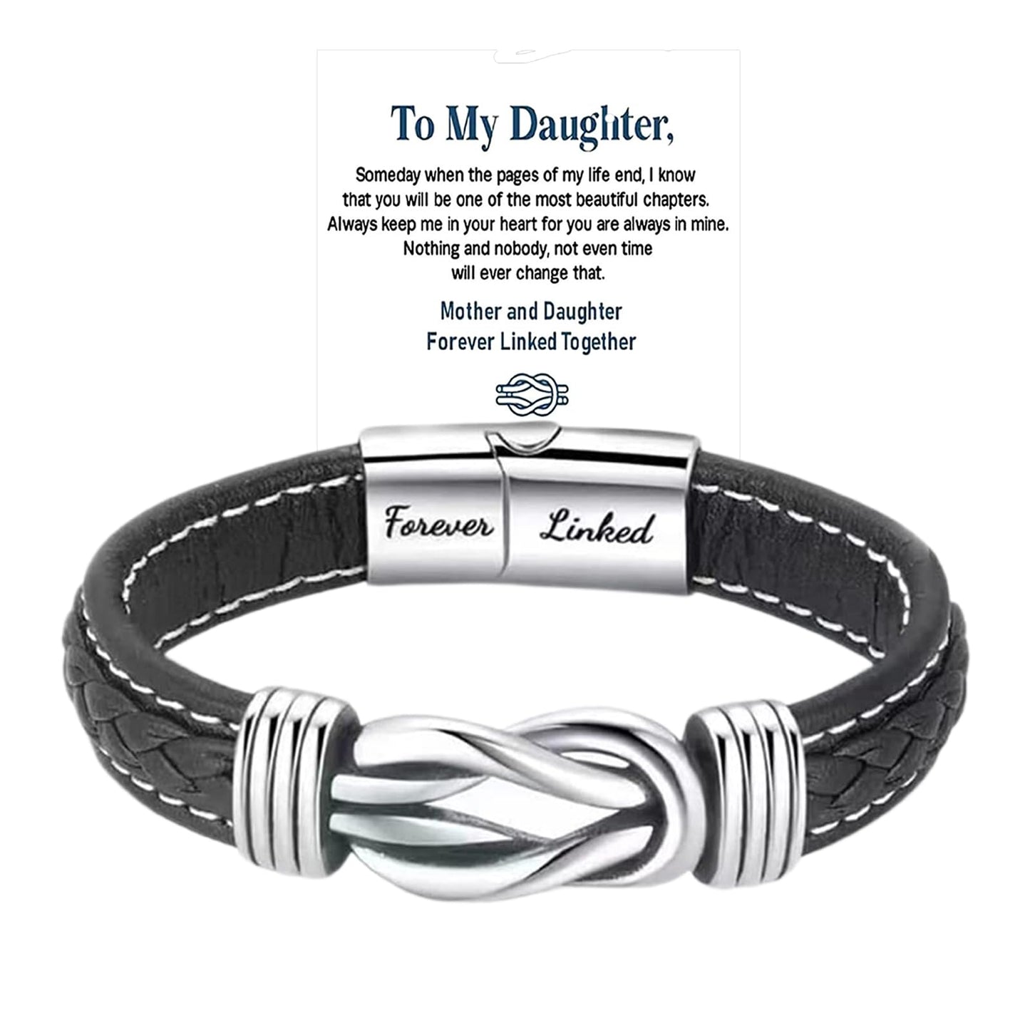 To My Daughter Love You Forever Bracelet, Mother and Daughter Forever Linked Together Braided Leather Bracelet, Inspirational Wristband for Women Infinity Knot Engraved Bangle Gift from Mom