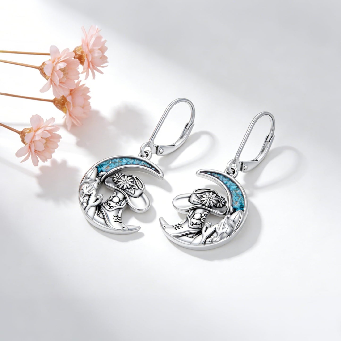 YYmqmq Western Cowboy Boot Earrings for Women 925 Sterling Silver Moon Dangle Leverback Earrings Turquoise Western Jewelry Gifts for Women Cowgirl Lovers