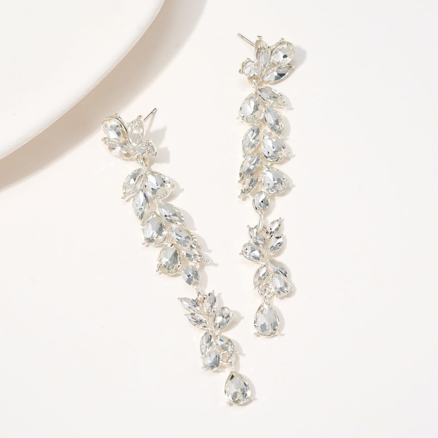 SWEETV Long Rhinestone Dangle Earrings for Women, Wedding Bridal Earrings for Brides, Crystal Chandelier Drop Earrings for Prom or Pageant, Silver