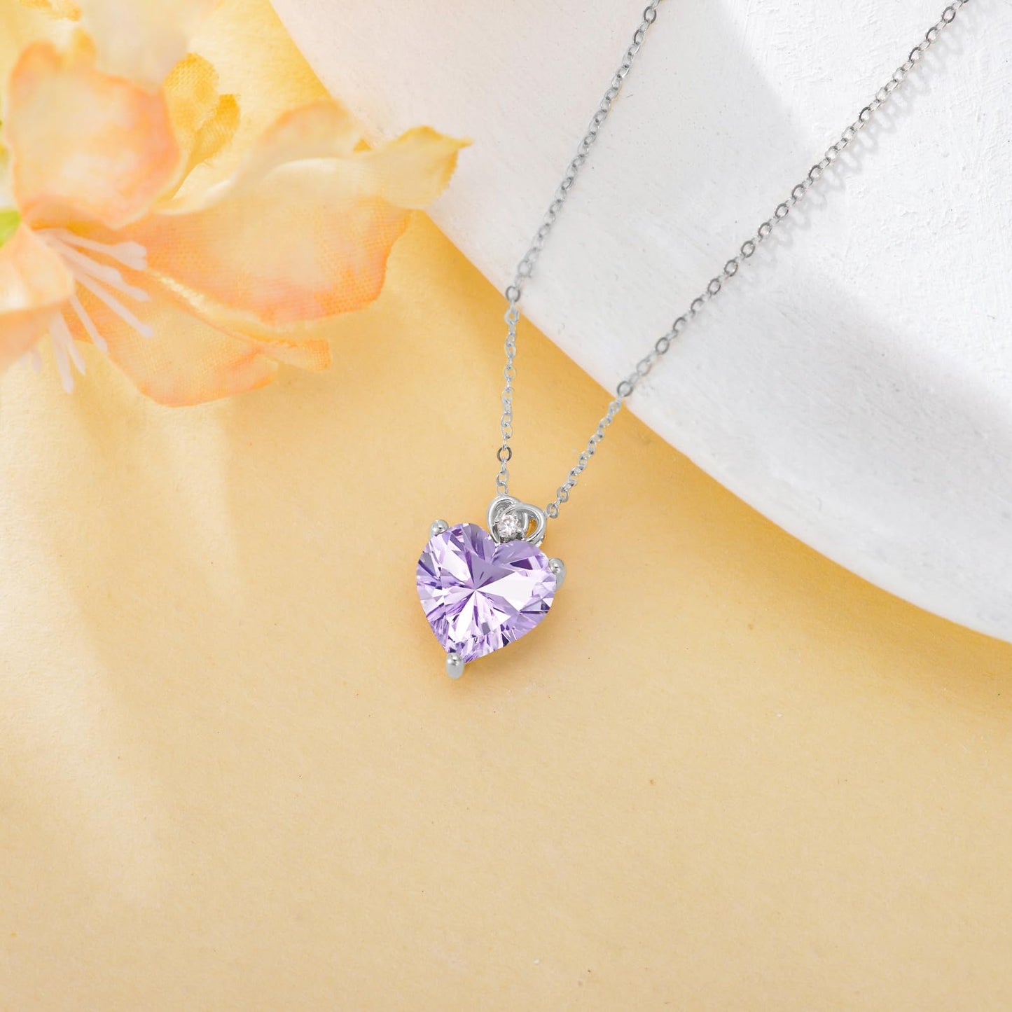 NFYBD 14k White Gold Love Heart Light Amethyst Birthstone Pendant Necklace for Women 3 Carat Heart-cut Created Gemstone Anniversary Birthday Mother's Day Necklaces for Her-june