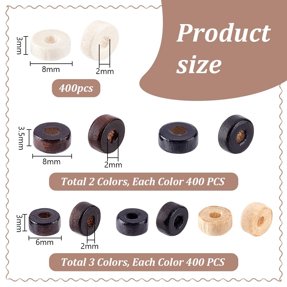 PH PandaHall 2400pcs Flat Round Wood Beads 3 Colors Wood Coin Beads Yellow/Brown/Black Wooden Loose Spacer Bead Unfinished Disc for Jewelry Necklace Bracelet Craft Making Home Macrame, 8mm/6mm