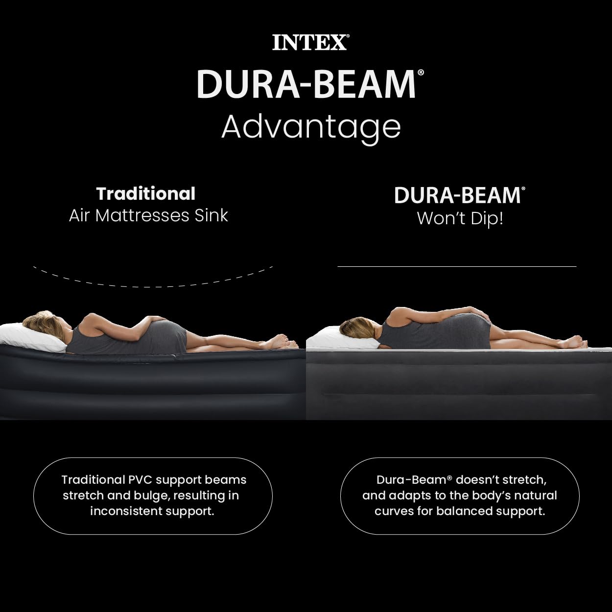Intex 64449ED Dura-Beam Deluxe Plush Air Mattress with Headboard: Fiber-Tech - Queen Size - Built-in Electric Pump - 18in Bed Height - 600lb Weight Capacity