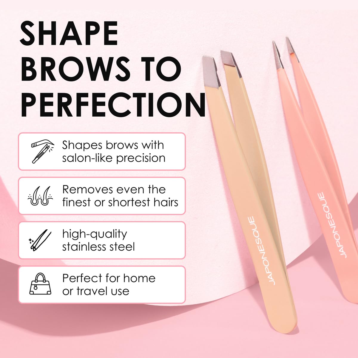 Japonesque Mini Tweezers 2 Pack – Precision Eyebrow Plucking Tool with Slant Tip and Point Tip Tweezer, Stainless Steel Hair Removal for Home and Travel