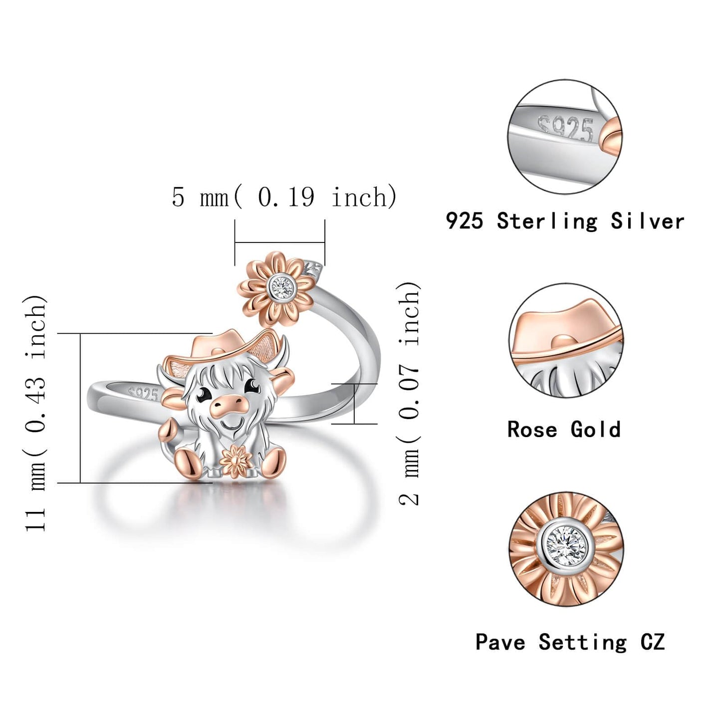 Zepmais 925 Sterling Silver Animal Ring - Adjustable Open Owl Axolotl Rings with Heart Cubic Zirconia Opal Cute Animals Jewelry Gifts for Women (Highland Cow)