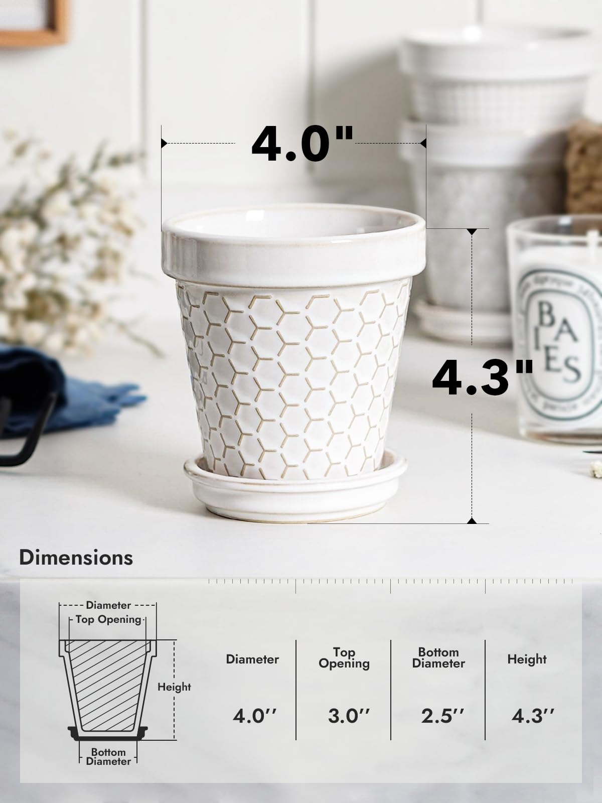LE TAUCI Ceramic Succulent Pots, 4 Inch Small Plant Pot for Indoor Plant Cactus, Embossed Flower Pots with Drainage Hole & Saucer - Set of 4, Arctic White