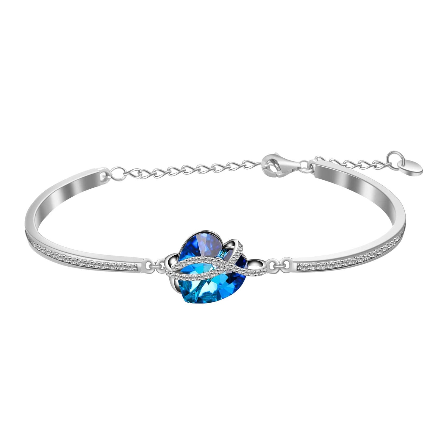 AOBOCO Infinity Heart Bangle Bracelet Sterling Silver I Love You Women Bracelet Embellished with Blue Crystals from Austria, Fine Anniversary Birthday Jewelry Gifts for Women Wife Girlfriend Daughter