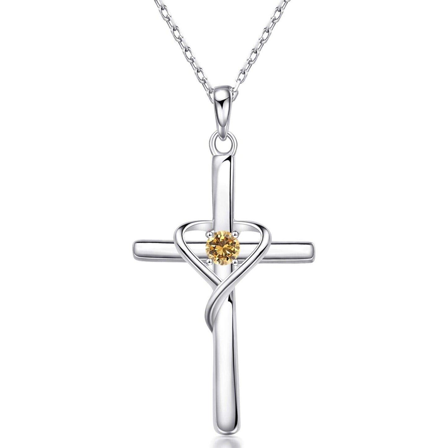 AmorAime 925 Sterling Silver Cross Necklace for Women Men 14K Gold Plated 5A CZ Birthstone Necklaces for Holiday (K.Orange-November-Topaz)