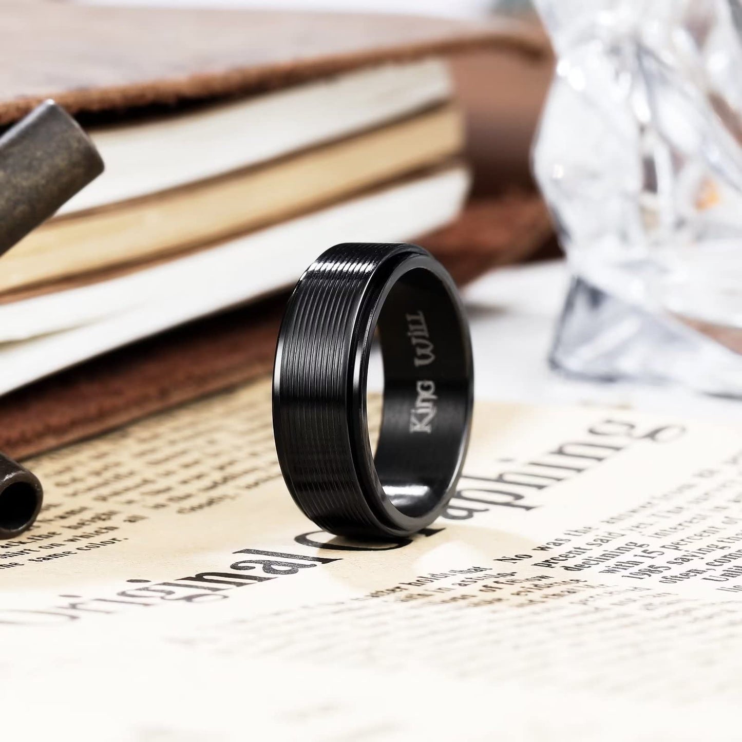 King Will Black Line Groove Mens Women 8mm Spinner Rings Stainless Steel Anxiety Fidget Ring for Women Men Polish Groove Wedding Band Fidget Ring Matte Brushed Comfort Fit 12