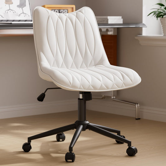 Bananister Armless Office Chair, Desk Chair No Arms, Adjustable Swivel Rolling Task Chair with Wheels, Faux Leather Upholstered, Compact for Small Space Home Office & Bedroom Vanity, White