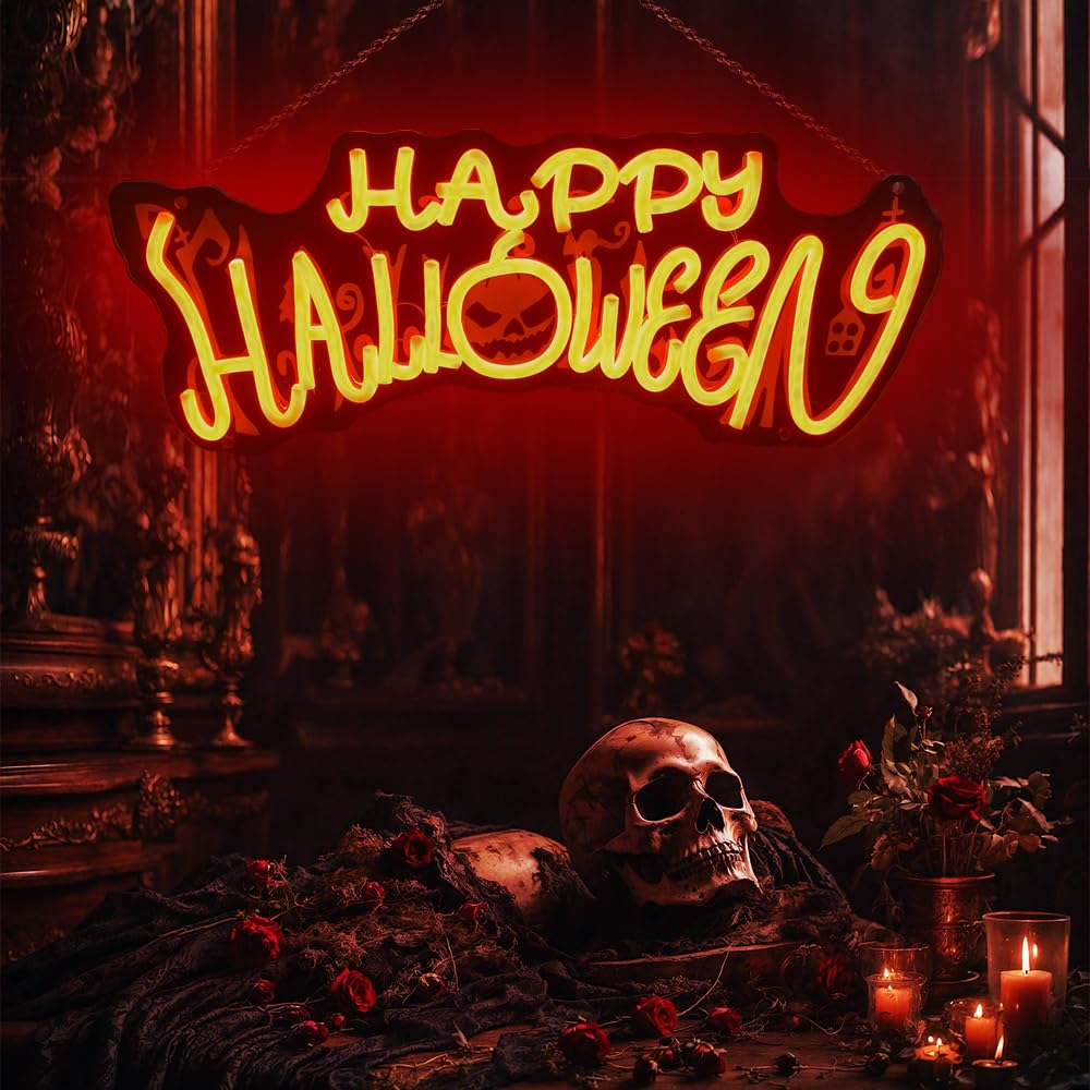 Halloween Neon Sign LED Happy Halloween Neon Light for Wall Decor USB Powered Acrylic Dimmable Pumpkin Light Up Sign for Halloween Decorations Window Home Bar Party Holiday Gifts