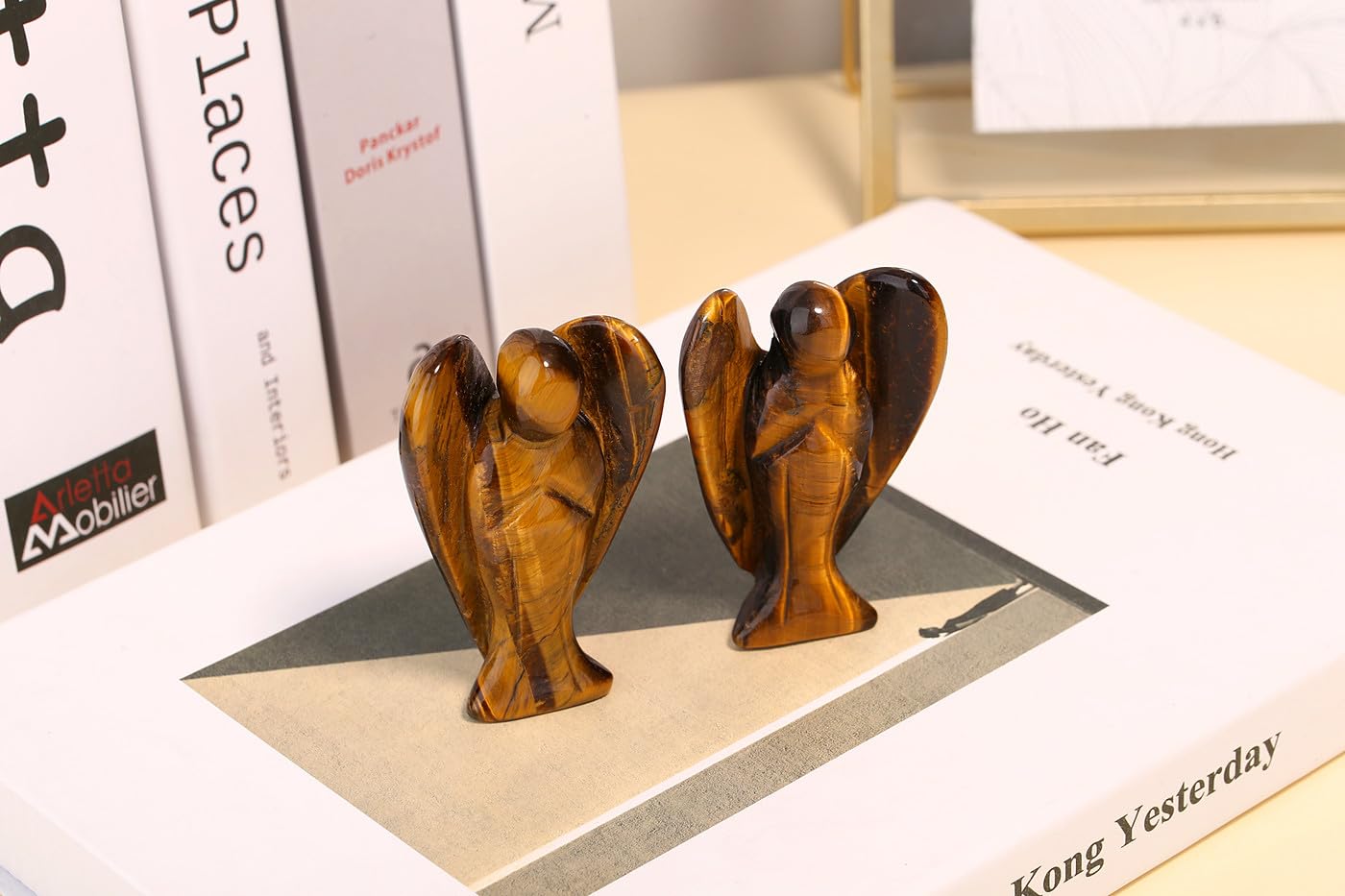 QINJIEJIE 3" Tiger Eye Crystals Angel Decor Healing Guardian Angel Desk Stone Figurine Big Gemstone Statue Home Office Energy Decorations Gifts for Women Men