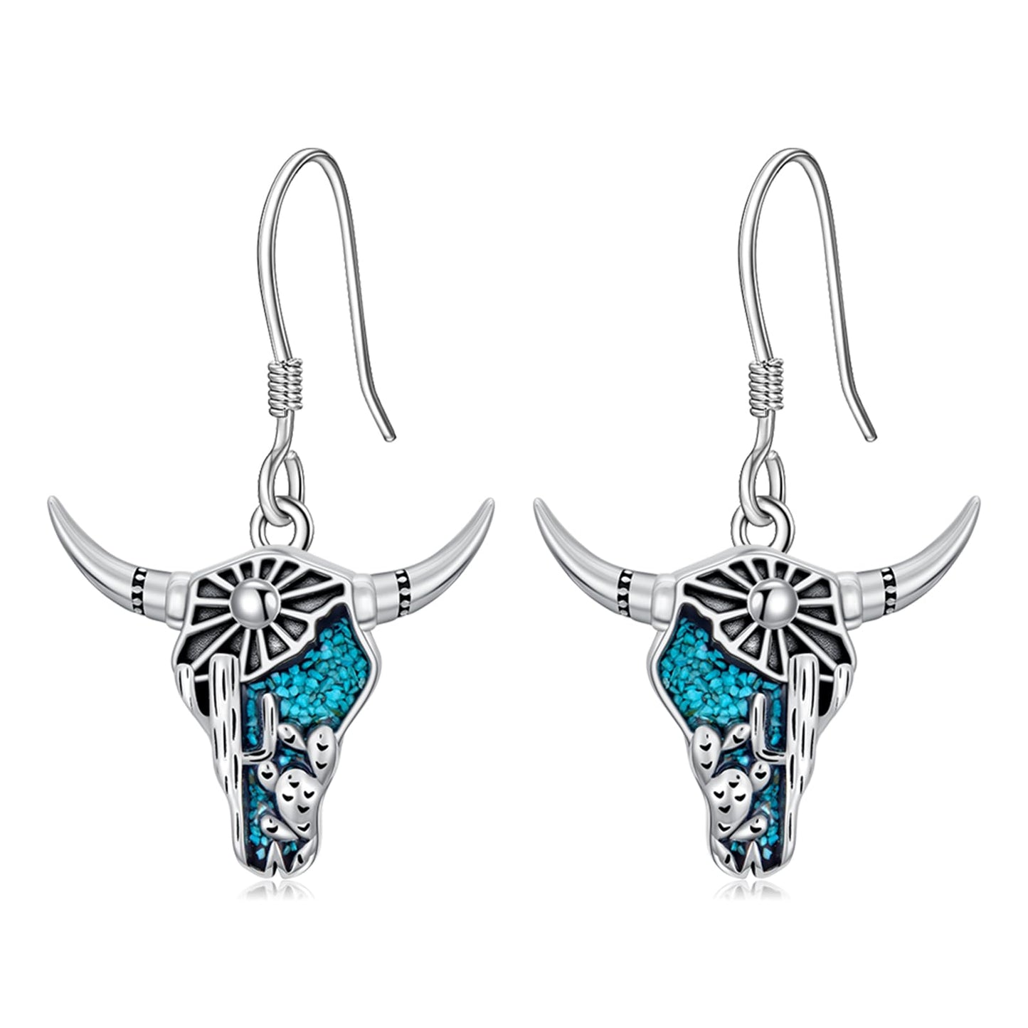 KoyeKei Cow Skull Earrings for Cowgirl Cowboy Sterling Silver Texas Longhorn Cactus Turquoise Dangling Drop Earrings Western Jewelry Country Christmas Graduation Gifts for Women