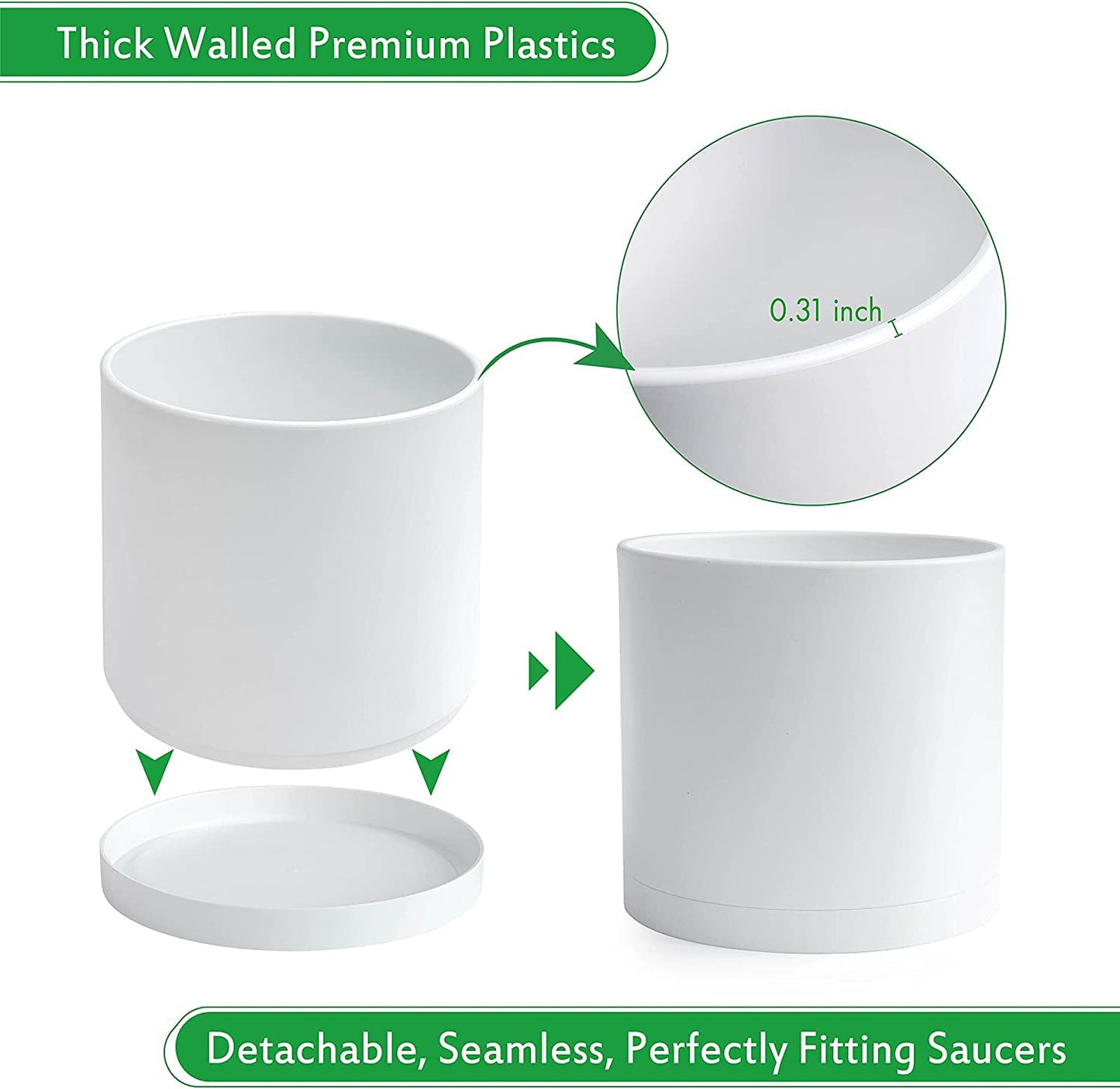 D'vine Dev 10 Inch Plastic Planter Pots for Plant Pot with Drainage Hole and Seamless Saucers, White Color, 74-X-A-2