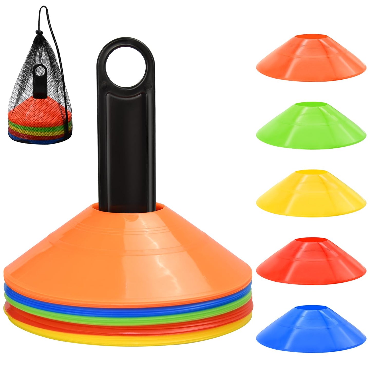 FGBNM 25 Pack Disc Cones, Agility Soccer Cones with Carry Bag and Holder, Soccer Cones for Sports Training, Football, Soccer, Basketball, Coaching, Practice Equipment, 5 Color