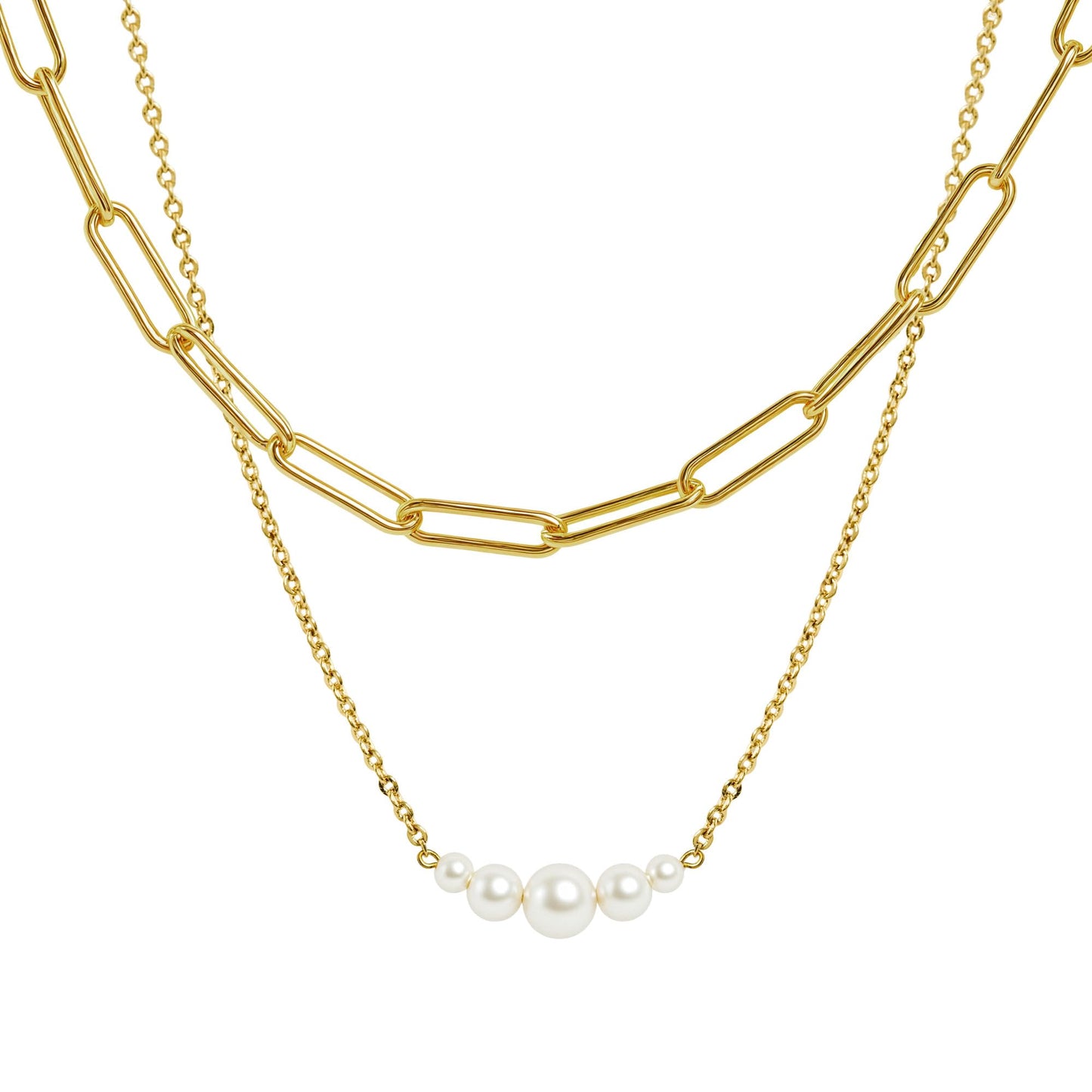MSCHA HOME Gold Necklace for Women Stack Trendy Non Tarnish Paperclip Choker Chain Pearl Pendant 14K Gold Plated Simple Dainty Double Layered Jewelry Set Gift