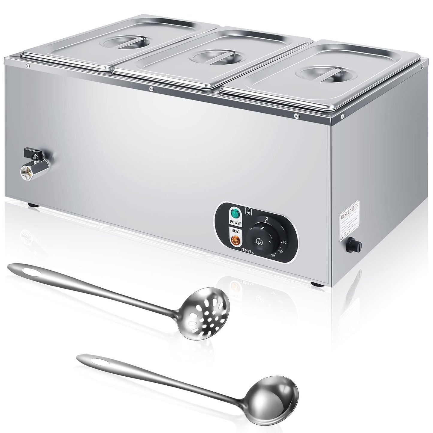 Electric Commercial Food Warmer 110V Buffet Food Warmer Stainless Steel Electric Countertop Steamer with Temperature Control, Tap and Lid for Catering Restaurant Parties (3 Pan)