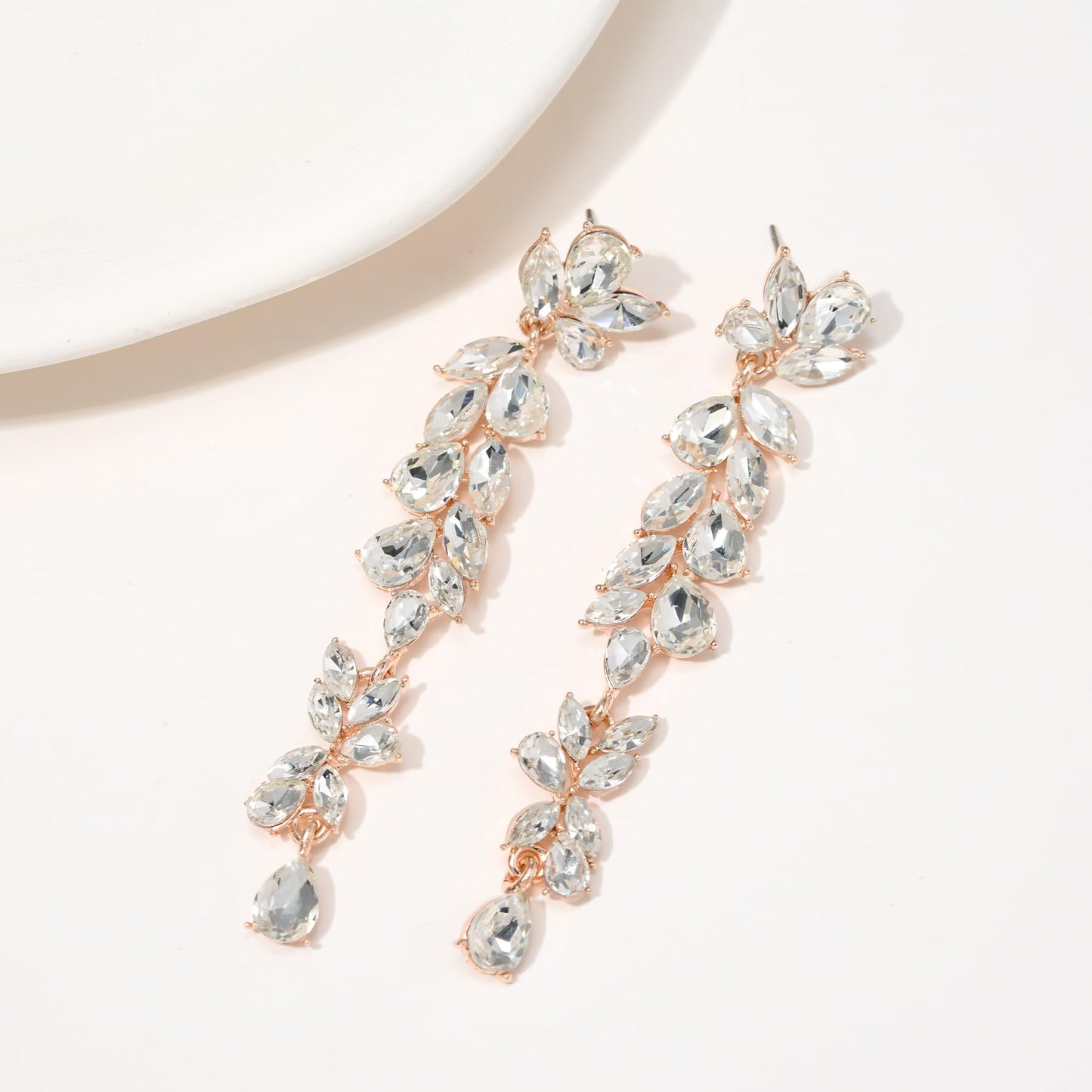 SWEETV Long Rhinestone Dangle Earrings for Women, Wedding Bridal Earrings for Brides, Crystal Chandelier Drop Earrings for Prom or Pageant, Rose Gold