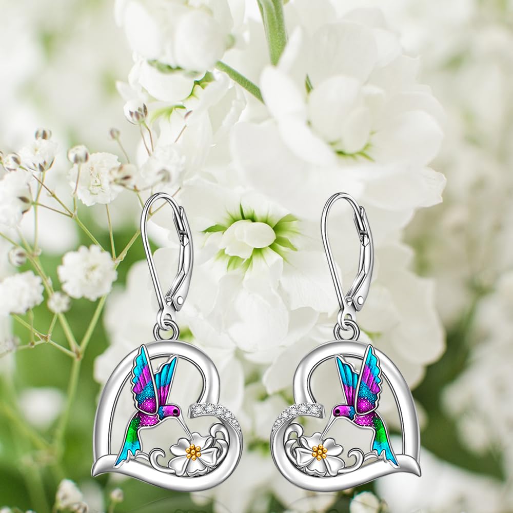 Hummingbird Earrings for Women Sterling Silver Purple Hummingbird Dangle Heart Flower Cute Bird Jewelry Filigree Memorial Mothers Day Healing Gifts