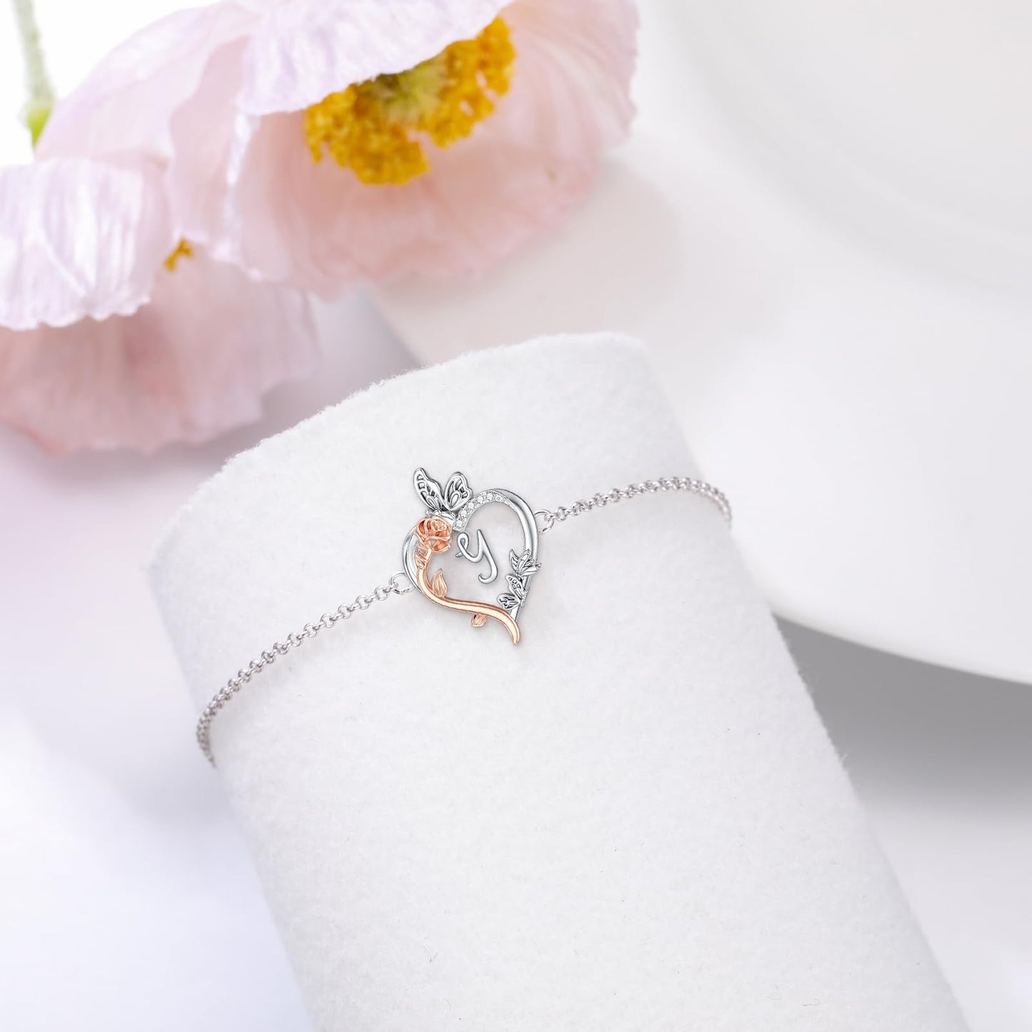 TOUPOP Rose Heart Bracelet for Women Sterling Silver Heart Initial Y Letter Bracelet Butterfly Love Jewelry Anniversary Birthday Mothers Day Gifts for Mom Wife Her Girlfriend