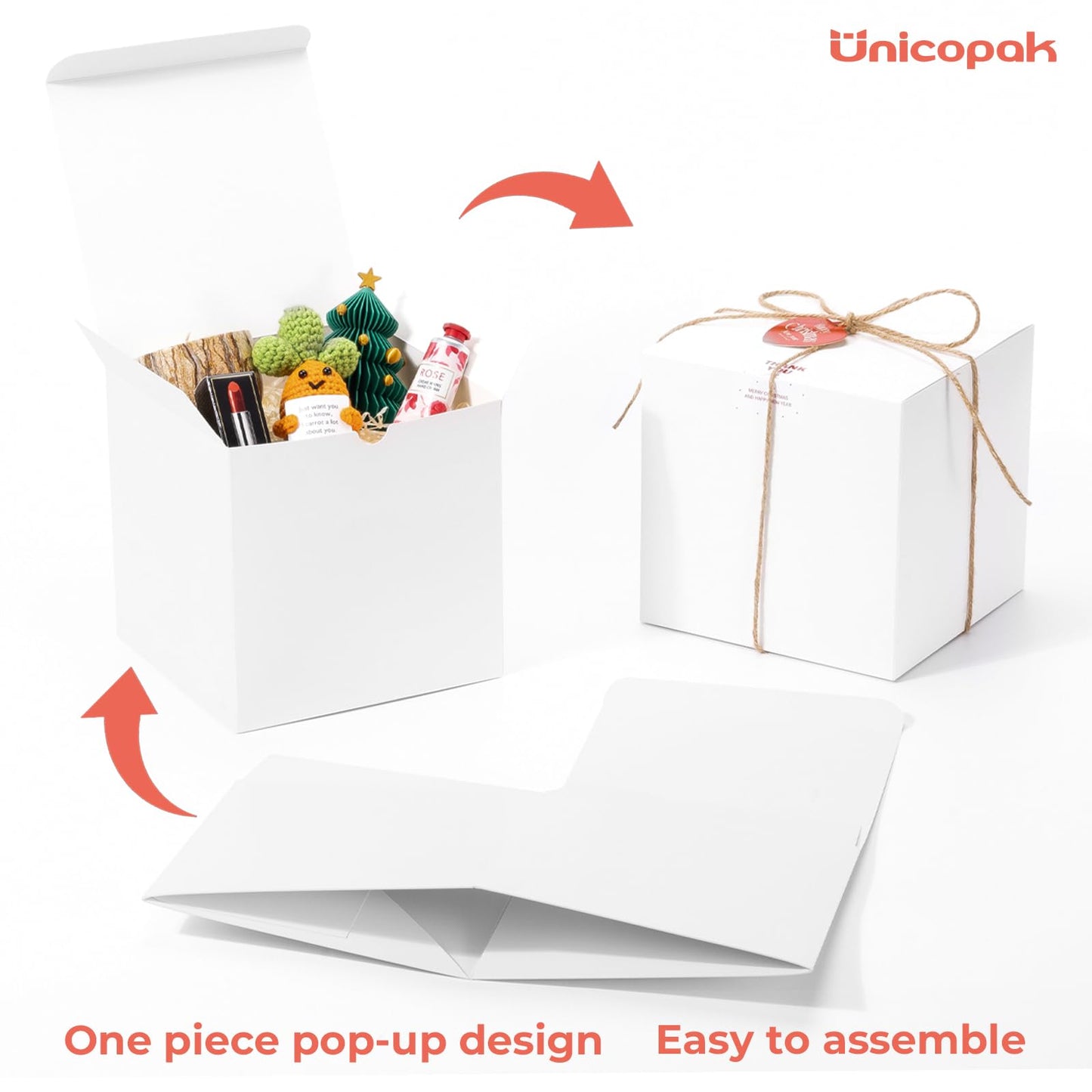 UnicoPak 10 Pack 7x7x7 Gift Boxes Bulk White Large Gift Boxes, Ideal for Birthday Gifts Christmas Gifts Party Favors Homemade and Business