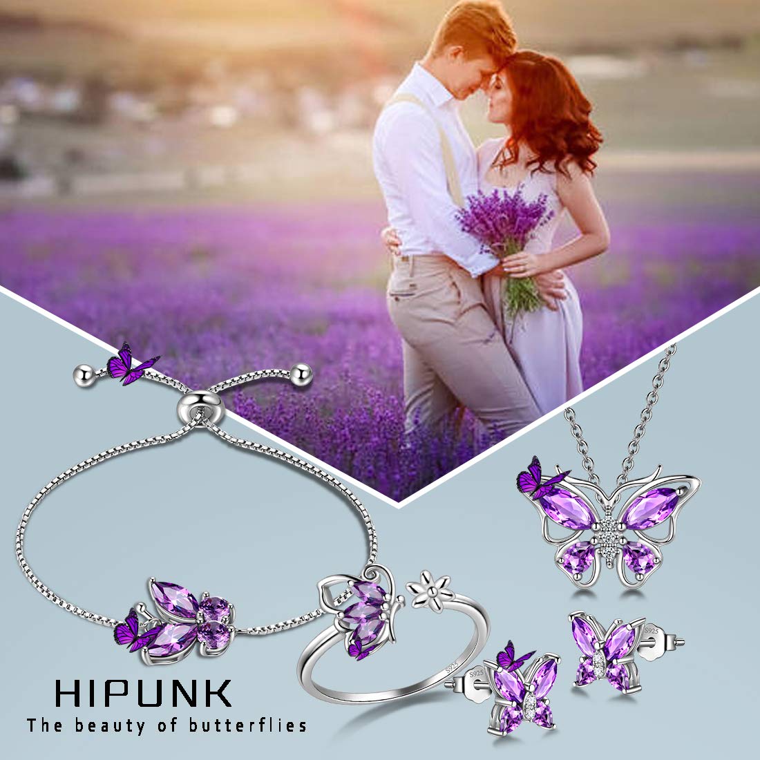 Hipunk Butterfly Purple Jewelry Sets Birthstone Women 925 Sterling Silver Februsry-Amethyst Birth Stone Animal Butterflies Jewelry Sets/Earring/Ring/Bracelet Set Crystal Birthday Jewelry SS0003F