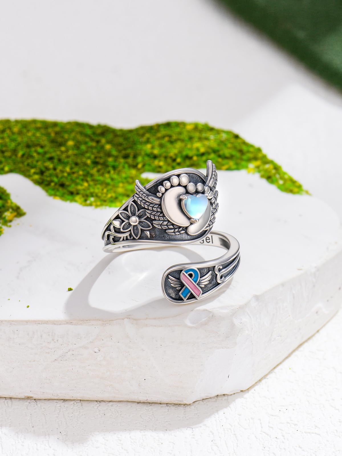 Midari Mommy of an Angel Spoon Rings for Women 925 Sterling Silver Adjustable Heart Footprint Mommy of An Angel Memorial Rings Open Spoon Thumb Rings Mom Jewelry for Women Men Birthday Christmas Gift
