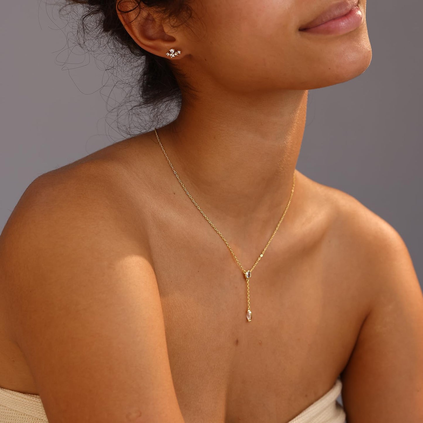 Fwlisesa Gold Necklace for Women, 14k Gold Plated Teardrop Lariat Necklace Dainty Long Necklaces for Women Trendy Simple Y Shaped Necklace Charm Gold Drop Necklace Summer Jewelry for Women