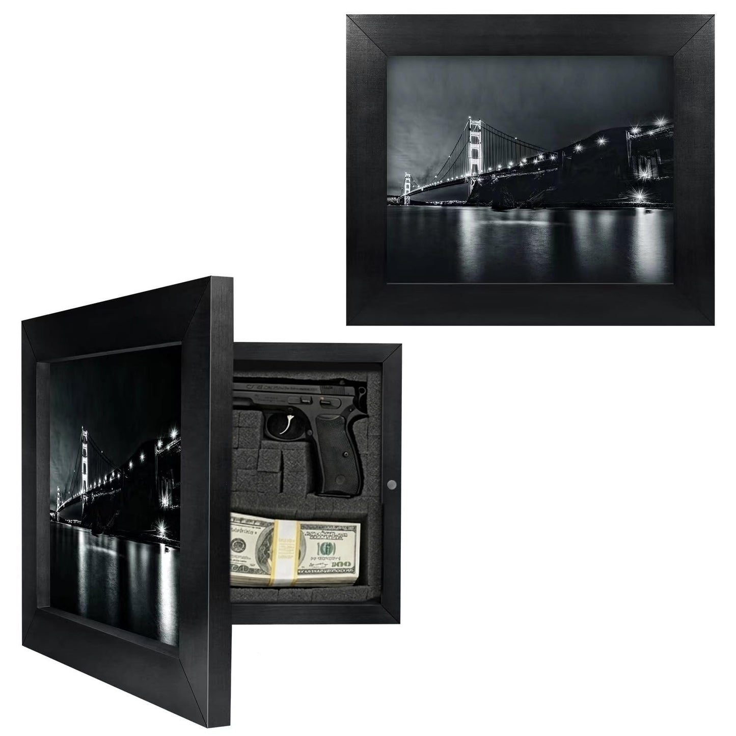 Hidden Gun Storage - Concealment Gun Safes for Pistols, Weapon Hiding Furniture Secret Decor Solid Wooden Handgun Picture Frames Box (Black)
