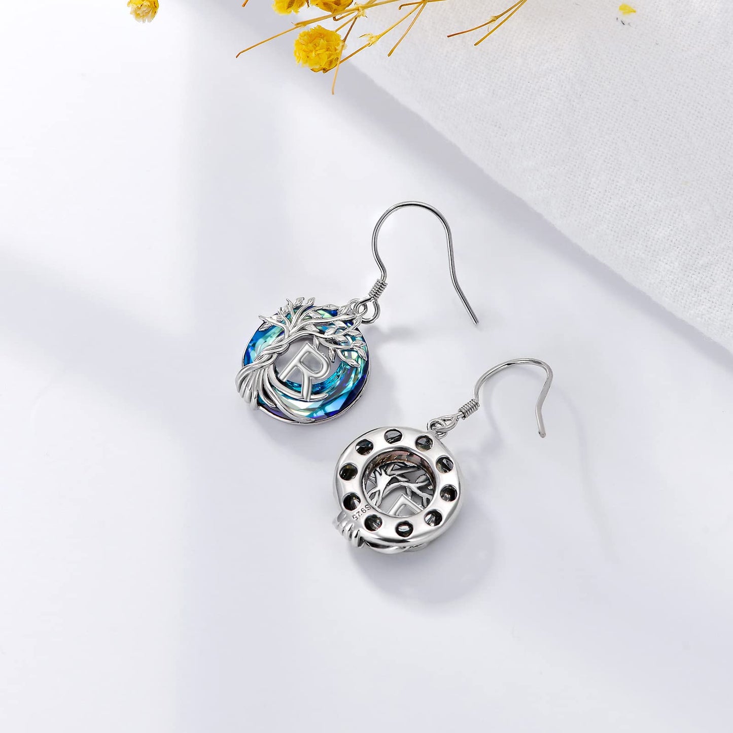 TOUPOP Tree of Life Initial Earrings Sterling Silver Initial R Letter Drop Dangle Earrings Blue Circle Crystal Family Tree Jewelry Birthday Mothers Day Gifts for Women Mom Her
