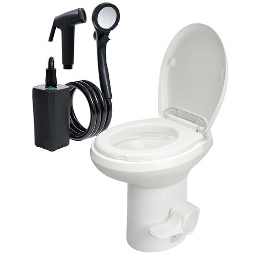 Efficient Gravity-Flush RV Toilet with Portable Camping Shower,for RVs, Trailers, and Campers