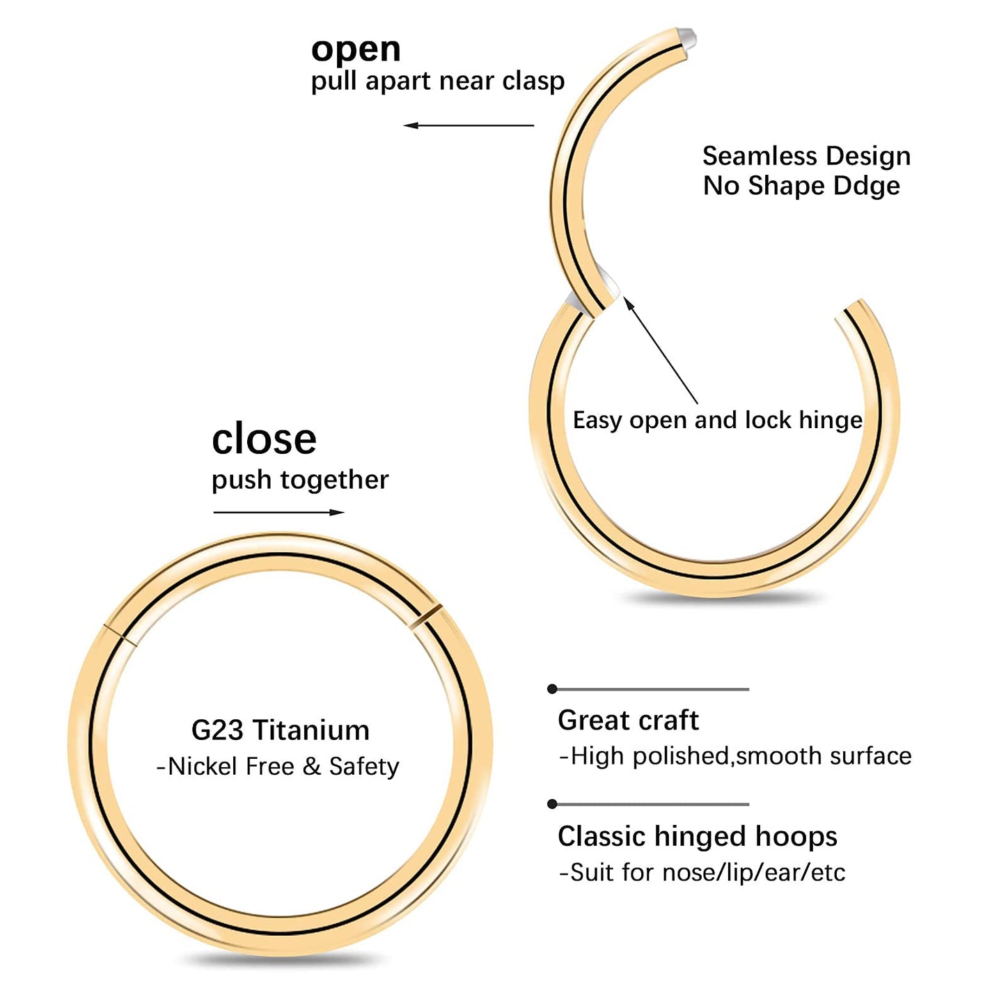 BOGKU 6pcs G23 Titanium Hinged Nose Rings Hoop 20 Gauge 10mm Nose Septum Clicker Segment Rings Cartilage Conch Tragus Helix Rook Hoop Earring Body Piercing Jewelry