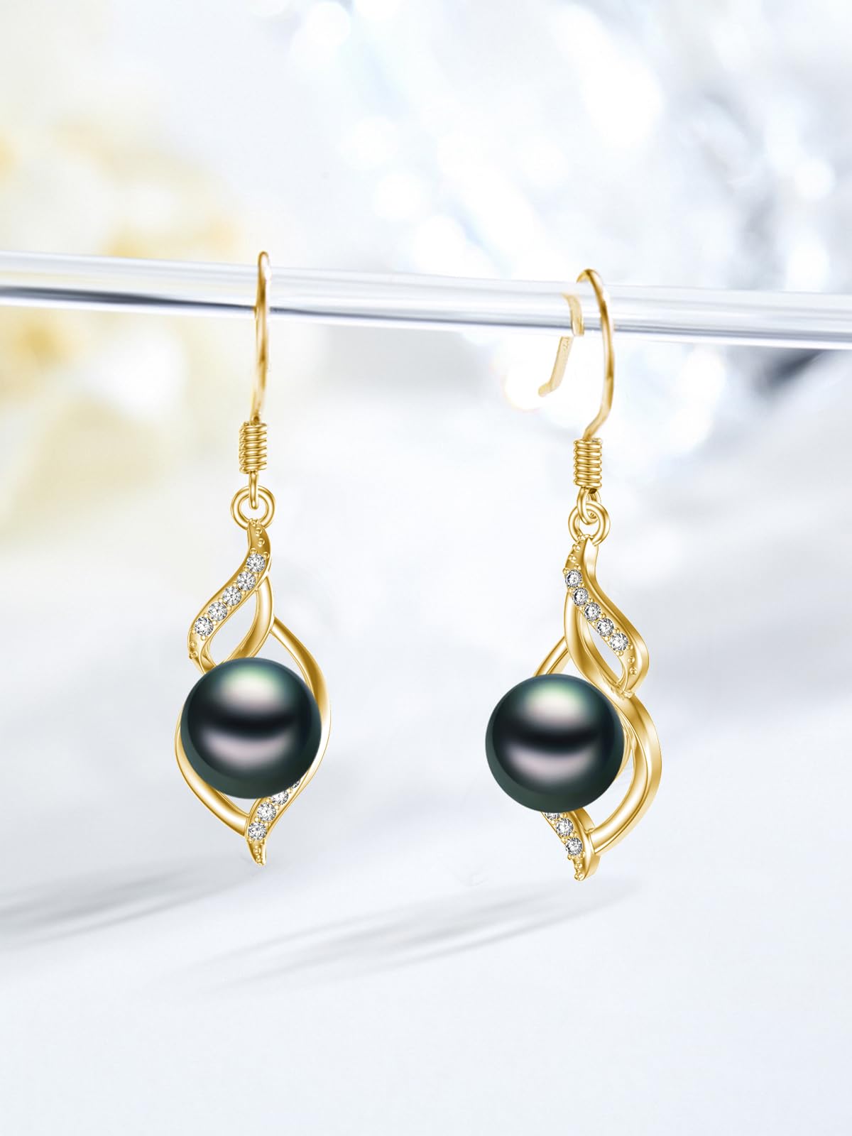 KANNSOAR 7MM Tahitian Black Pearl Dangle Drop Earrings, 18K Gold Plated Sterling Silver Everyday Earrings for Women Wife Girlfriend Hypoallergenic Jewelry Gift for Anniversary Birthday Christmas