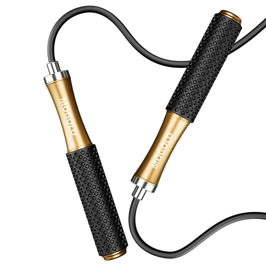 MOGOLD Jumping Rope For Men Women Kids - Alloy Handle Core Covered Silicone Grip With Ball Bearing- Adjustable 10ft long Skipping Rope - Good For Workout Fitness Weight loss (Black)