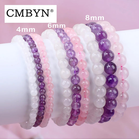 CMBYN 3-Pieces 6mm Natural Crystal Gemstone – ﻿Amethyst, Pink Quartz, White Jade Handmade Reiki Energy Healing Stretch Bracelets Jewelry for Yoga, Meditation, Unisex