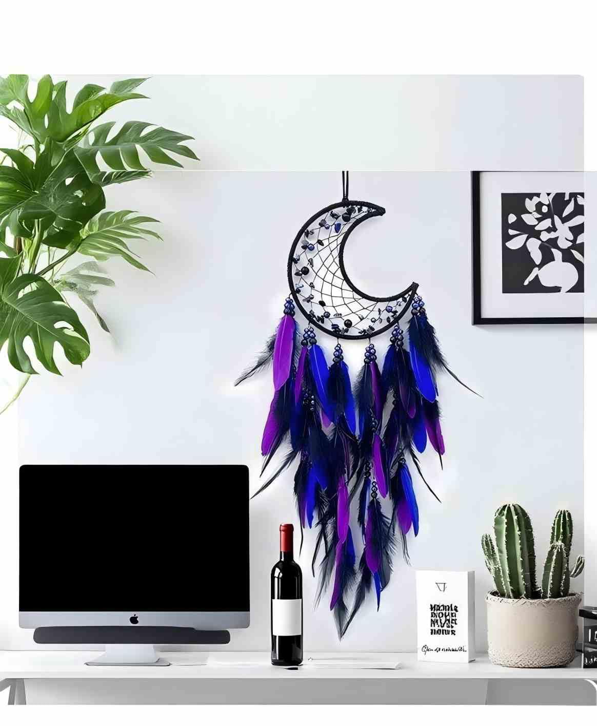 BELACASA Moon Dream Catcher Handmade for Bedroom Purple and Blue Feather Dream Catchers for Home Decoration Ornaments for Bedroom Wall Hanging (Purple Feather - 1pc)