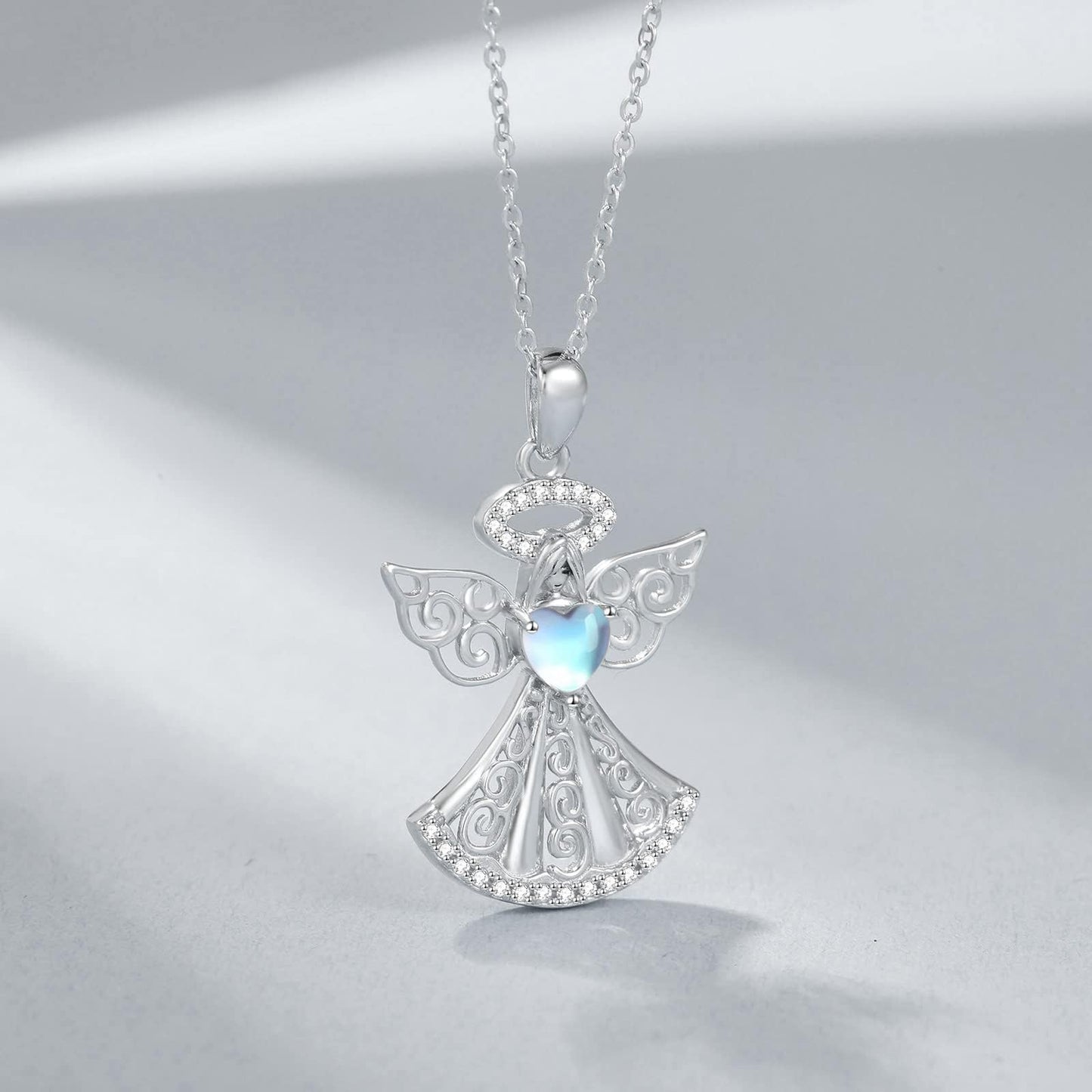 YAFEINI Guardian Angel Necklace 925 Sterling Silver Moonstone Angel Pendant Mother's Day Jewelry for Women Mom