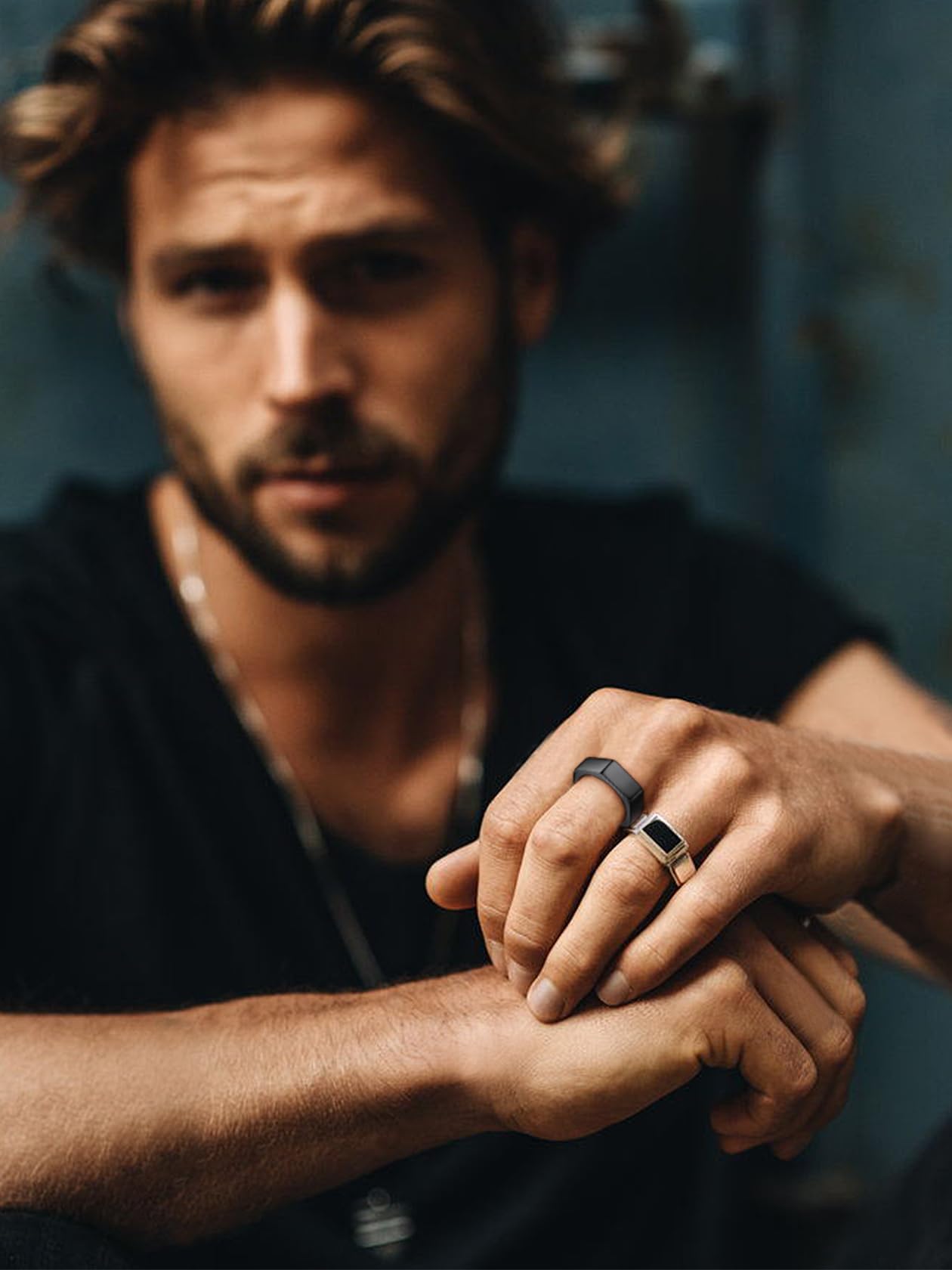 ChainsHouse Personalized Engravable Stainless Steel Black Hexagon Geometric Biker Ring Bands, Size 12