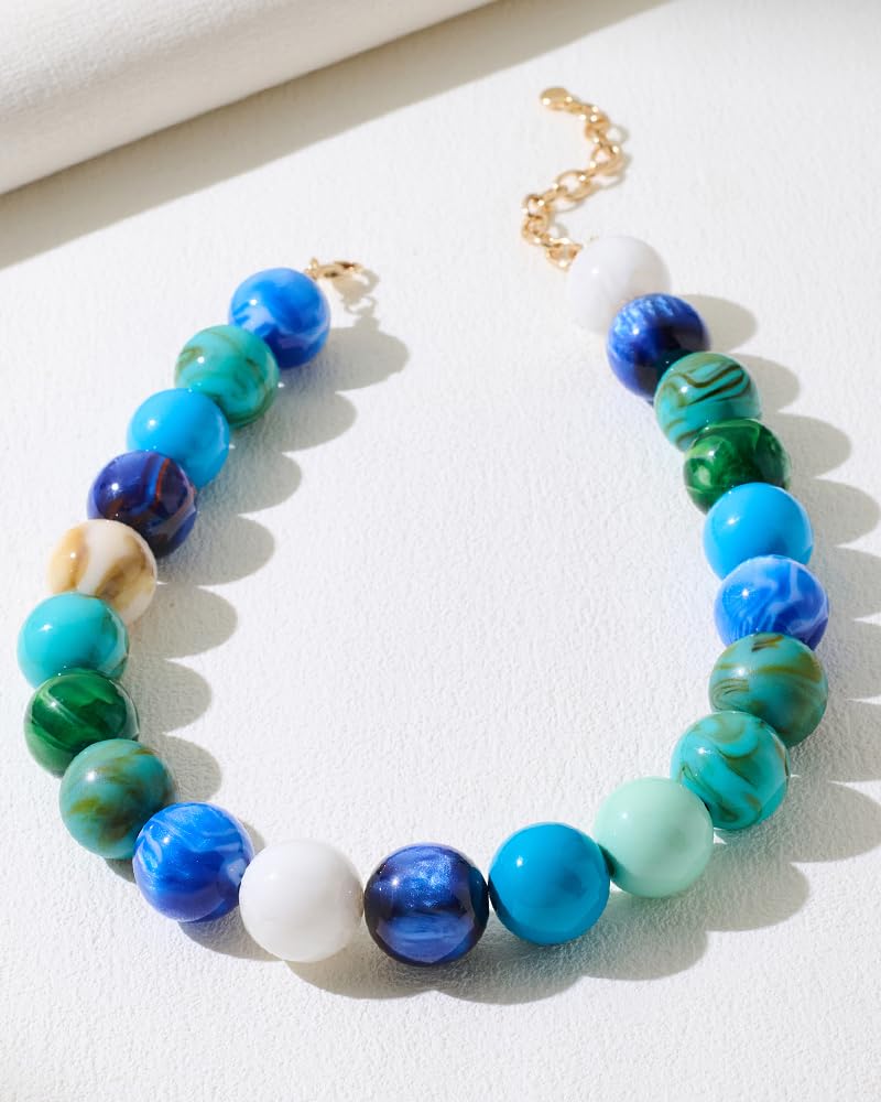 FAUTHENTICUTE Blue Beaded Choker Necklace for Women Boho Chunky Statement Necklace with Blue and Green Round Resin Beads Summer Beach Jewelry Gifts