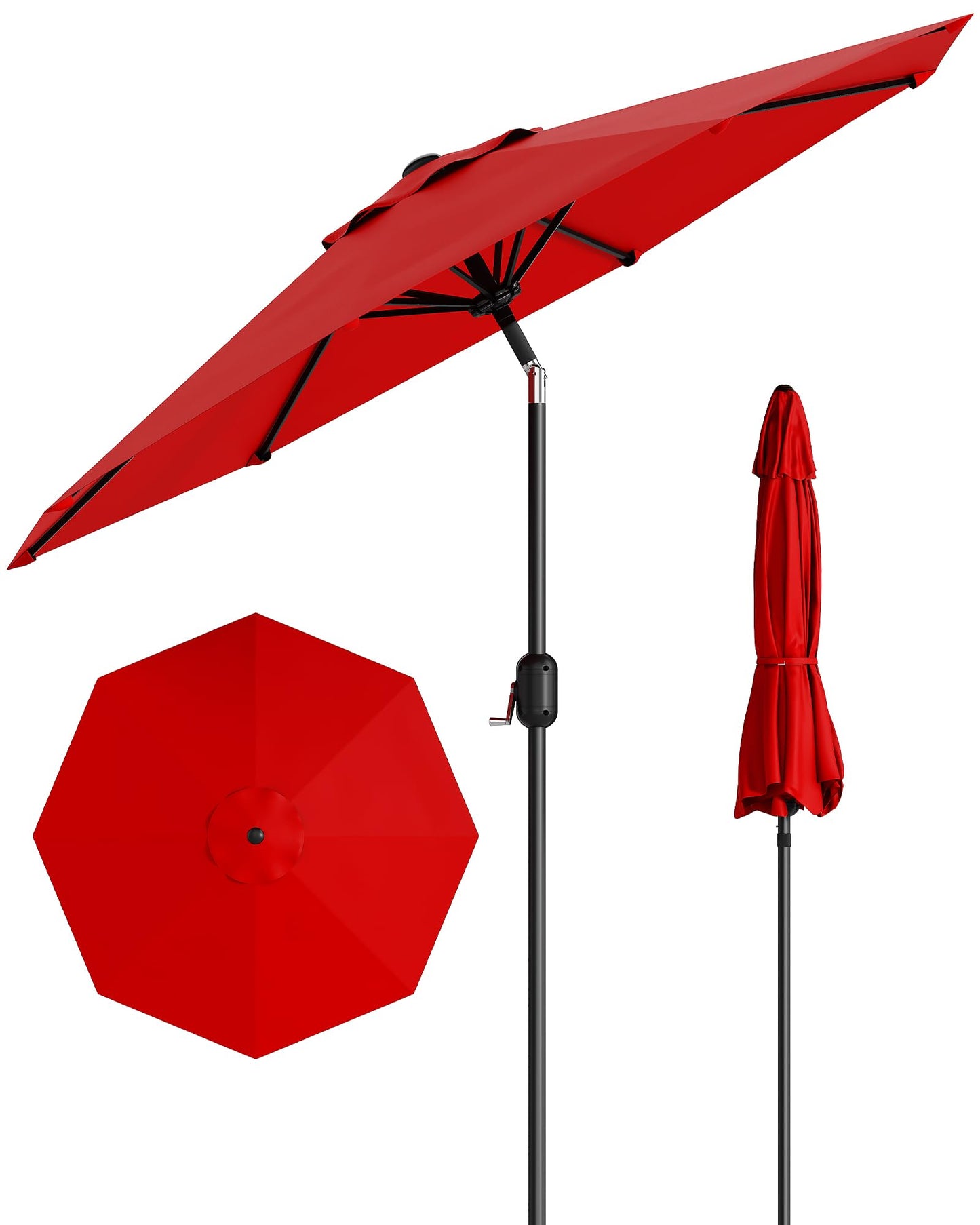 GarveeLife 9 ft Outdoor Patio Umbrella, Table Market Umbrella With Push Button Tilt and Crank, 8 Sturdy Ribs UV Protection Waterproof for Garden, Deck, Backyard, Pool (Red)