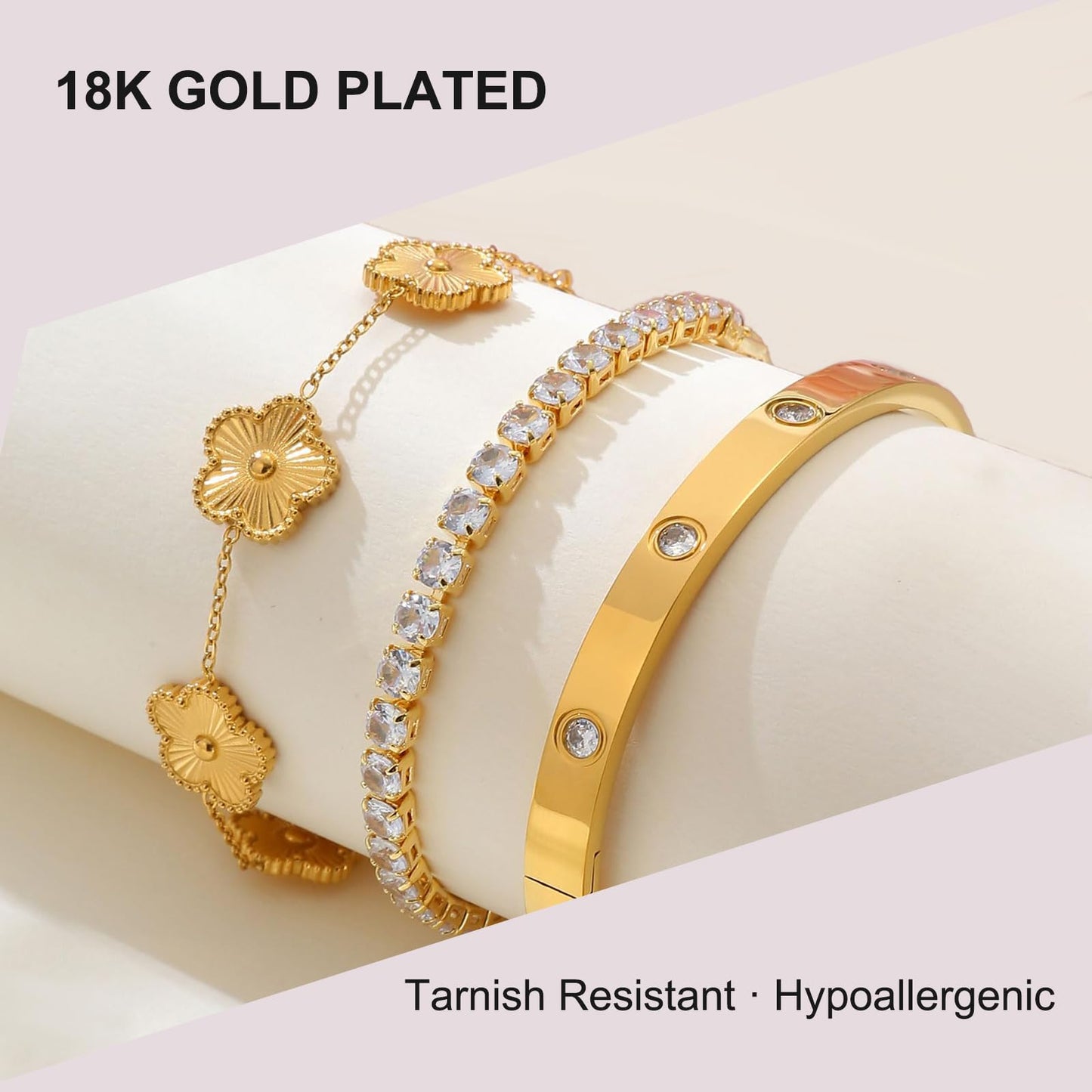 YOUNGGRACE 18K Gold Plated Bracelet Sets for Women - 3PCS Stackable Bracelets Including Bangle, Tennis Chain & Four Leaf Clover Bracelet, Elegant Gold Jewelry Set for Everyday Wear, Gift for Her