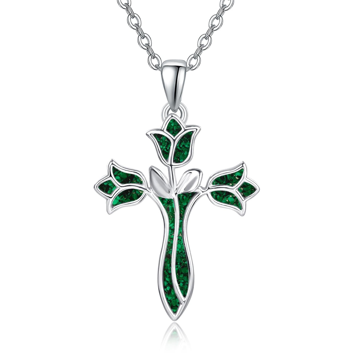 Dreamboat Malachite Cross Necklace for Women Sterling Silver Cross Pendant Christian Necklace Tulip Rose Faith Confirmation Gifts Religious Jewelry for Mom