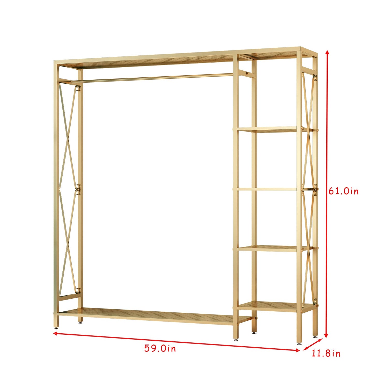 TIEOU Modern Gold Clothes Racks Free-Standing, Gold Clothing Rack with Shelves for Boutiques, Heavy Duty Garment Rack for Hanging Clothes, Large Wardrobe Closet(59''L)