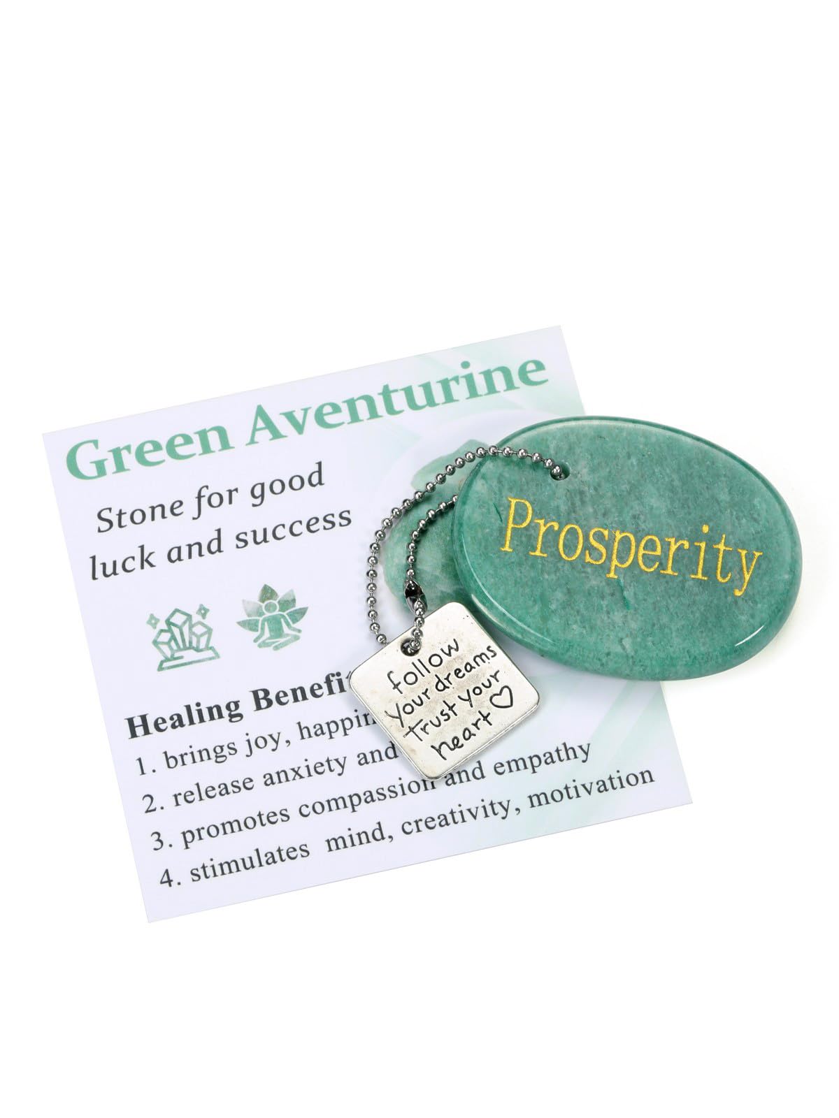 Top Plaza Green Aventurine Crystals Stone for Anxiety Natural Healing Gemstone Keychain Engraved Inspirational Follow Your Dreams Trust Your Heart Pocket Stone Good Luck Meditation Gifts